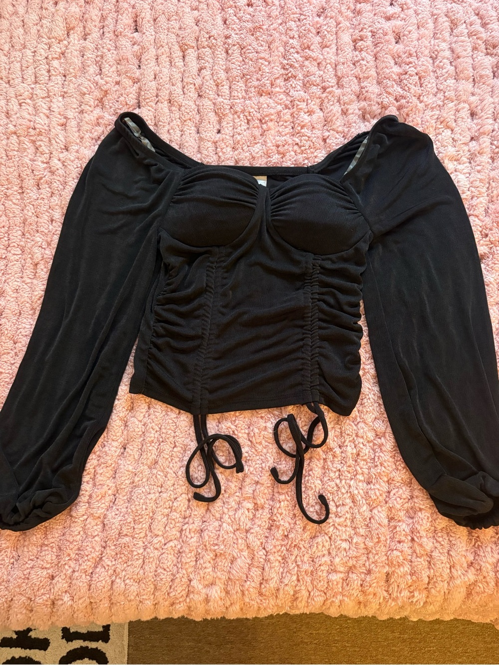 No Boundaries Black Ruched Long Sleeve Crop Top with Drawstrings